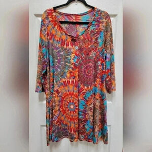 Multi Color Tie Dye Women's Plus Size Blouse w/ Criss Cross neckline. 3x
